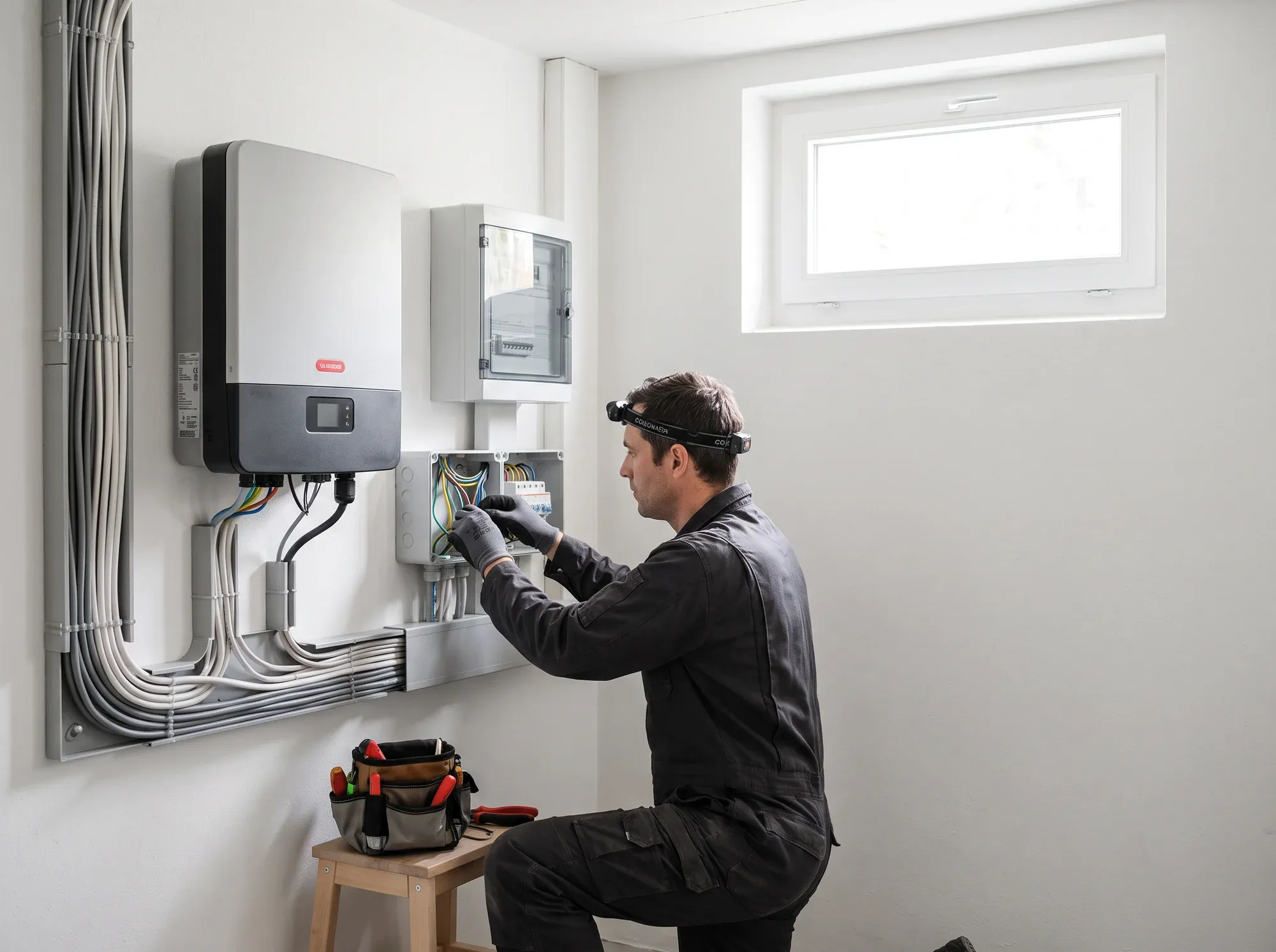 Elektriker schliesst einen Wechselrichter und den Zählerschrank einer Solaranlage in einem Technikraum an