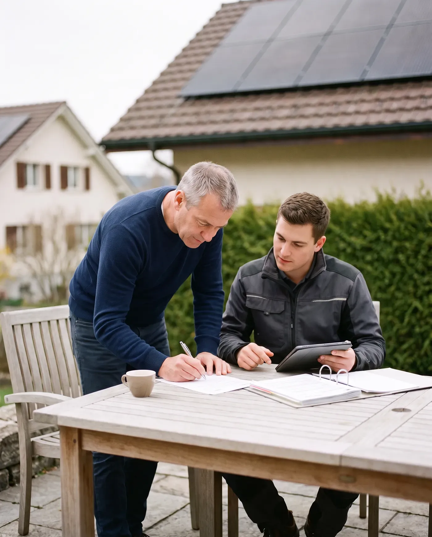 Hausbesitzer unterschreibt am Gartentisch ein Formular, daneben ein Solarinstallateur mit Tablet, im Hintergrund ein Dach mit Solarmodulen