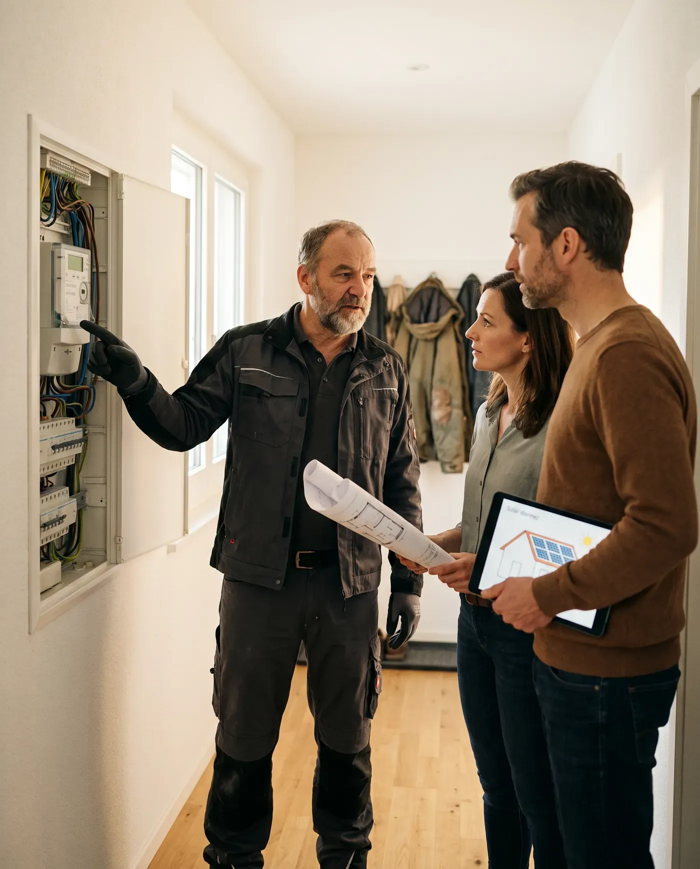 Elektriker erklärt einem Paar im Hausflur den Zählerkasten, die Frau hält einen Dachplan