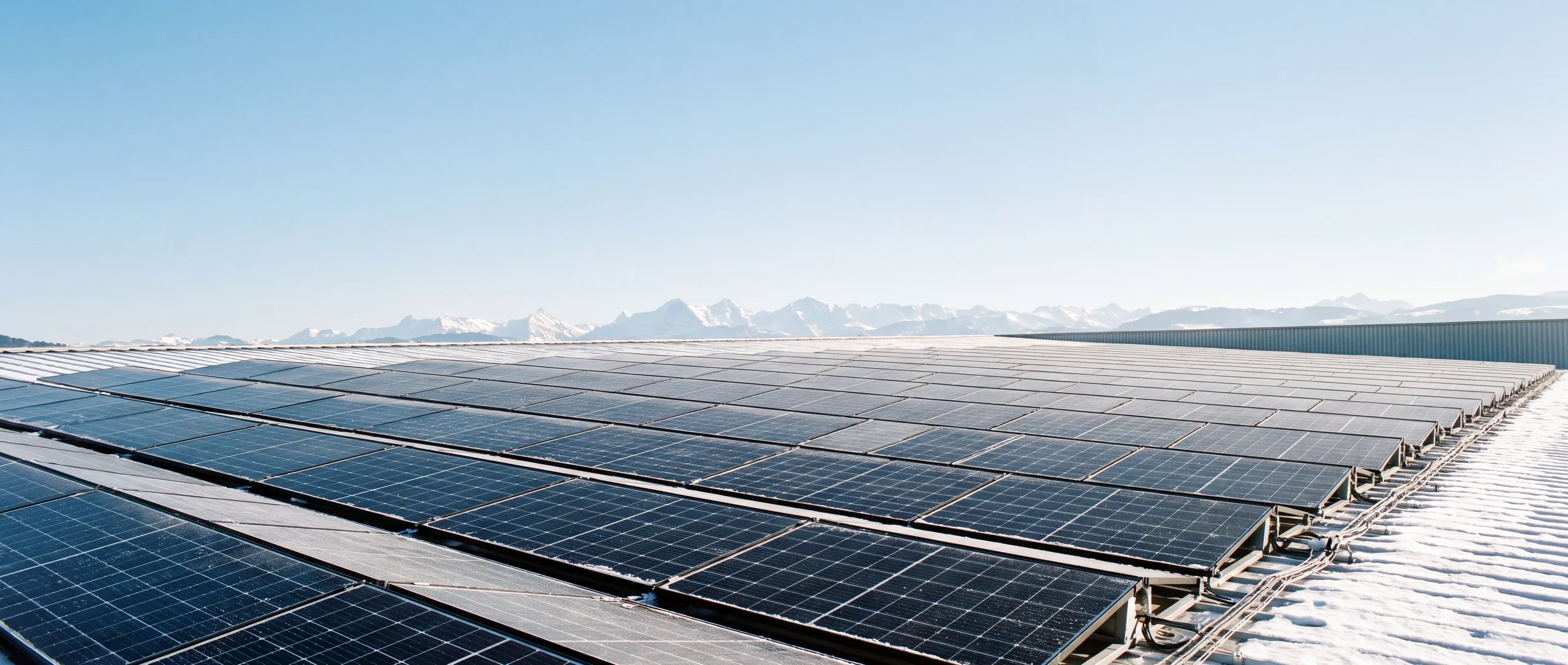 Schwarze Solarmodule auf einem Dach, im Hintergrund die Berner Alpen