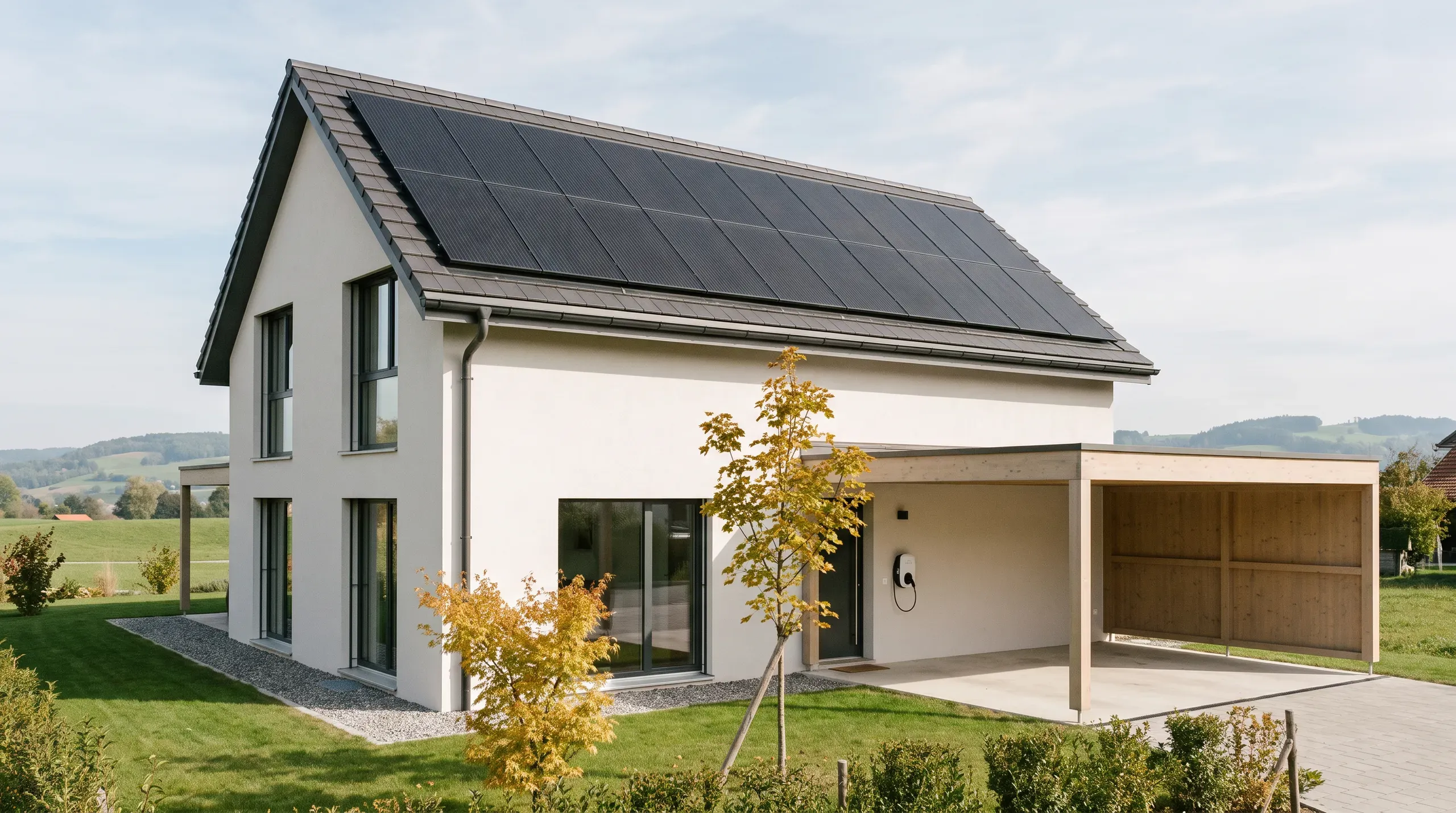 Einfamilienhaus mit weisser Fassade, schwarzer Solaranlage auf dem Dach und Carport mit Wallbox