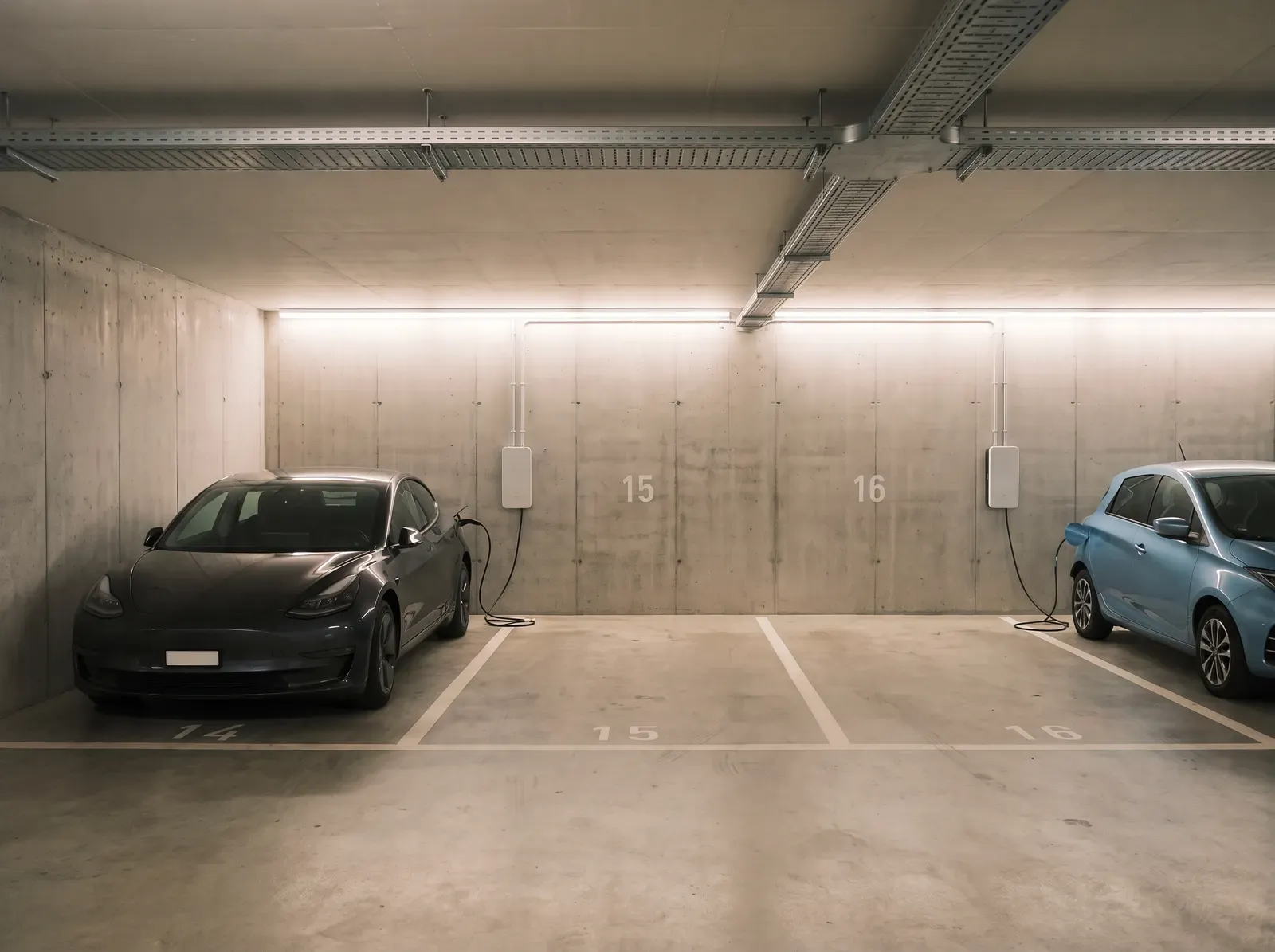 Einstellhalle mit nummerierten Parkplätzen, an der Betonwand weisse Ladestationen, an der Decke ein Kabelkanal, zwei Elektroautos laden
