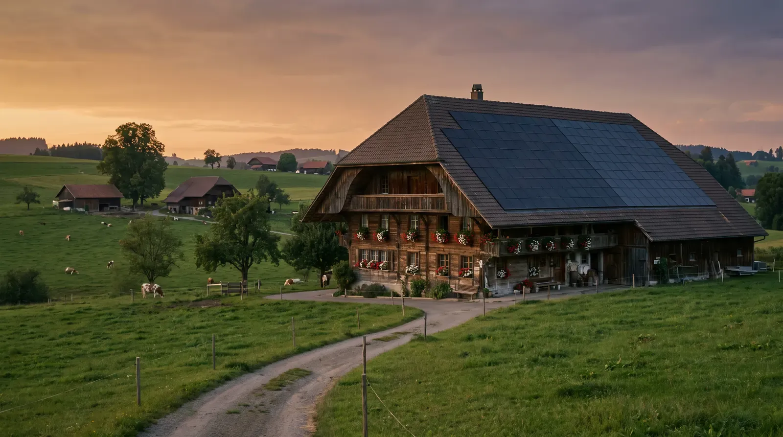 Emmentaler Bauernhaus mit grossem Walmdach, auf der Südseite eine Solaranlage, davor Weiden mit Kühen im Abendlicht