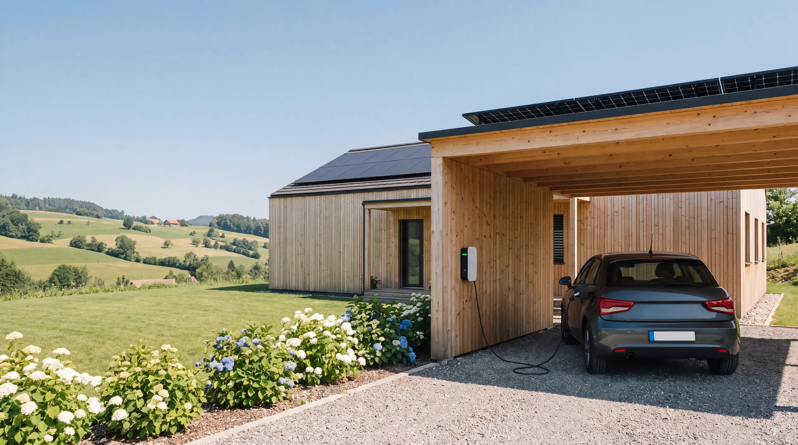 Holzhaus mit Carport, auf beiden Dächern schwarze Solarmodule, unter dem Carport lädt ein Elektroauto an einer weissen Wallbox