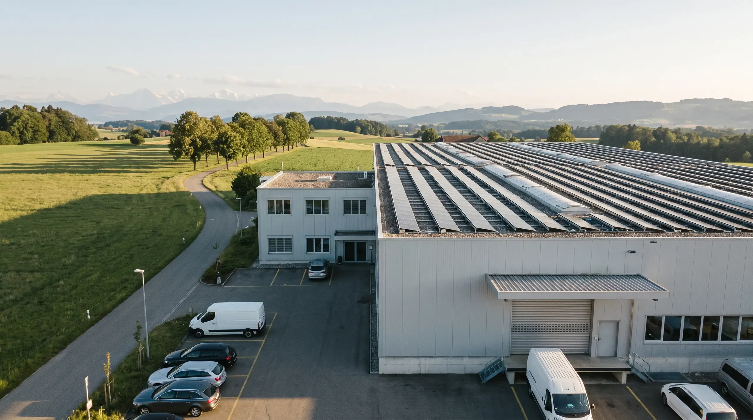 Gewerbehalle mit Bürotrakt, das ganze Flachdach mit Reihen von Solarmodulen belegt, davor Parkplatz und Lieferwagen, im Hintergrund Hügel und Alpen