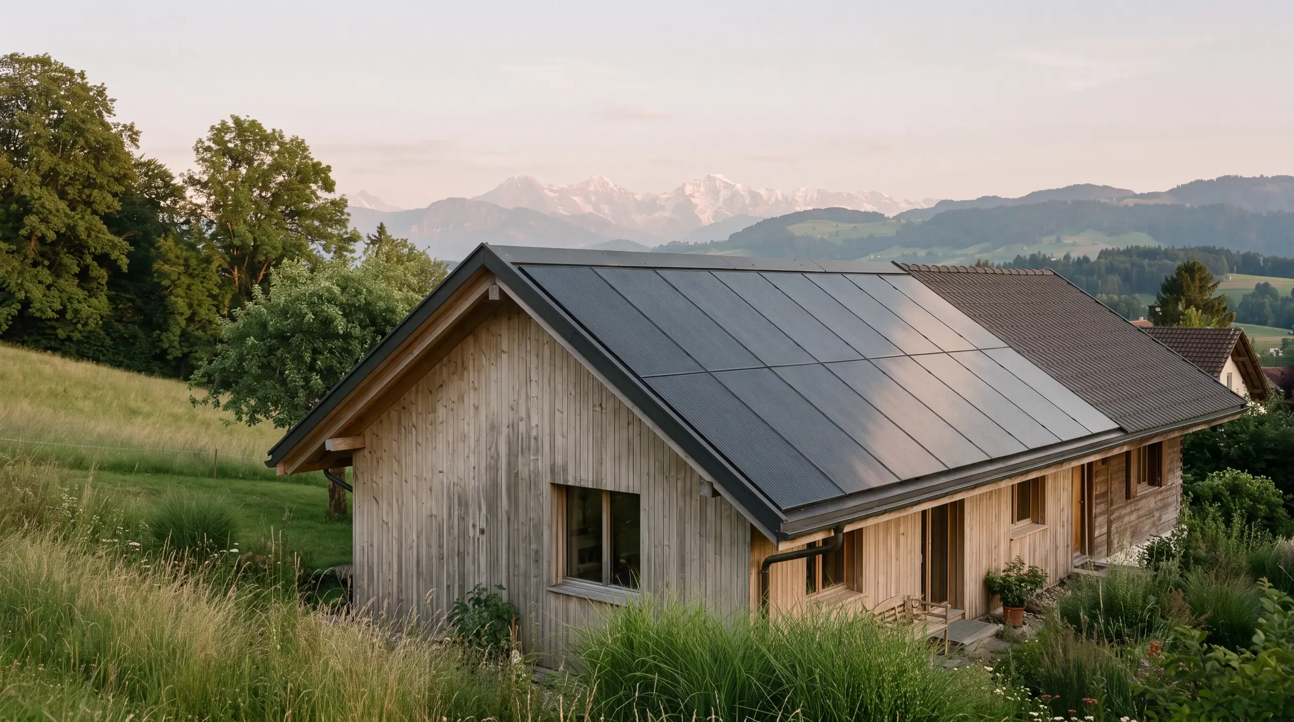 Holzhaus im Berner Hügelland, die ganze Dachseite aus schwarzen Solarmodulen ohne Ziegel, auf der anderen Seite Ziegel, im Hintergrund die Alpen