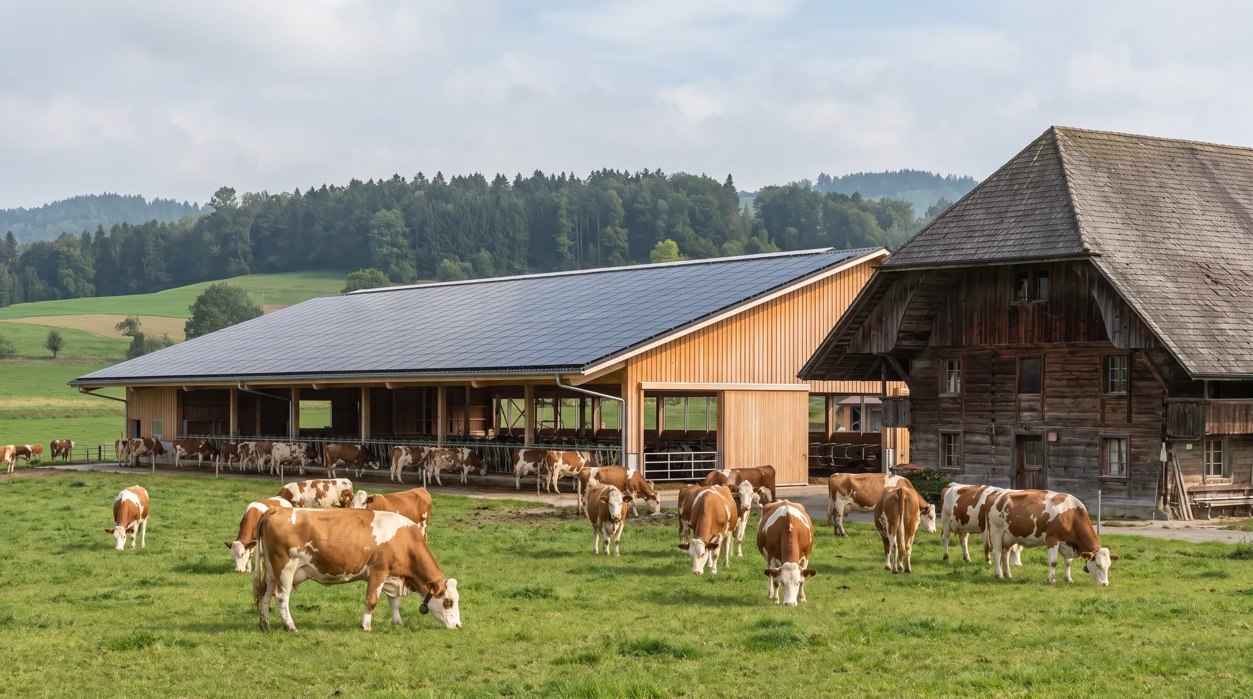 Moderner Laufstall aus Holz mit einem langen Dach voller schwarzer Solarmodule, daneben ein altes Berner Bauernhaus, davor weiden Simmentaler Kühe