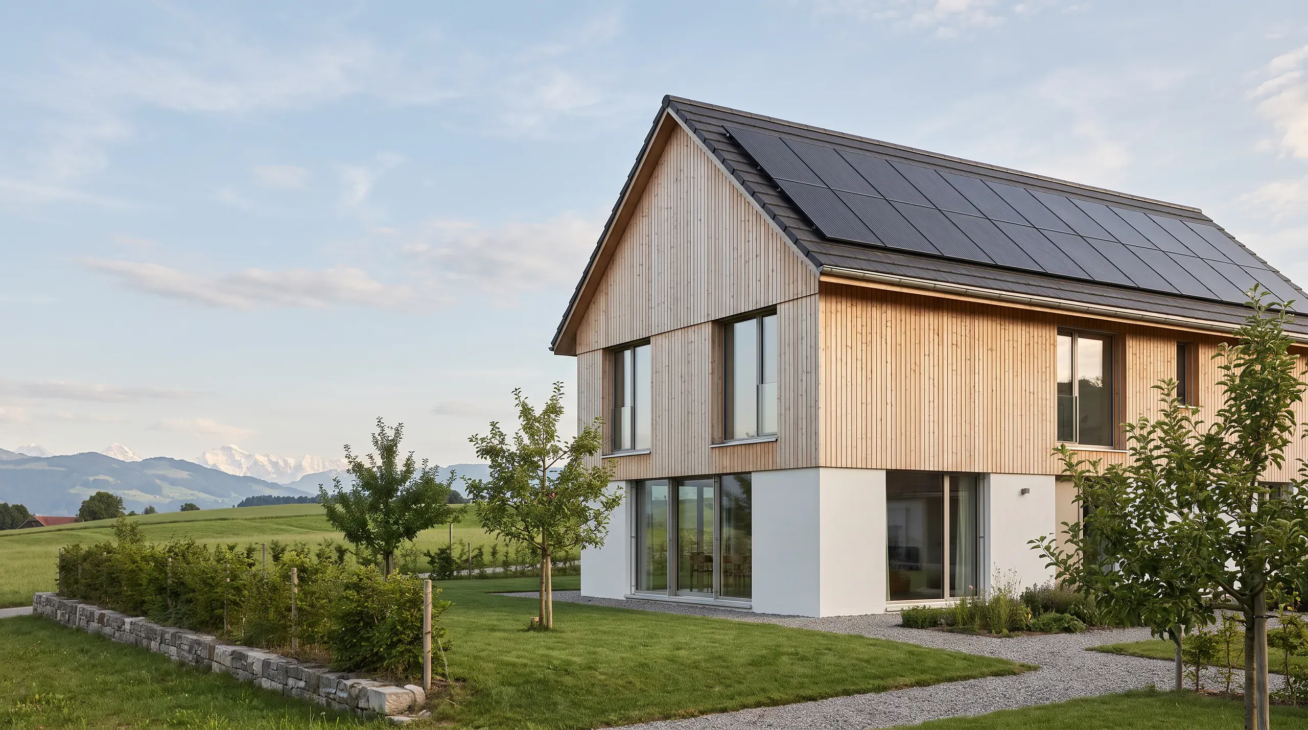 Einfamilienhaus mit Holzfassade und schwarzer Solaranlage auf dem Dach an einem sonnigen Nachmittag