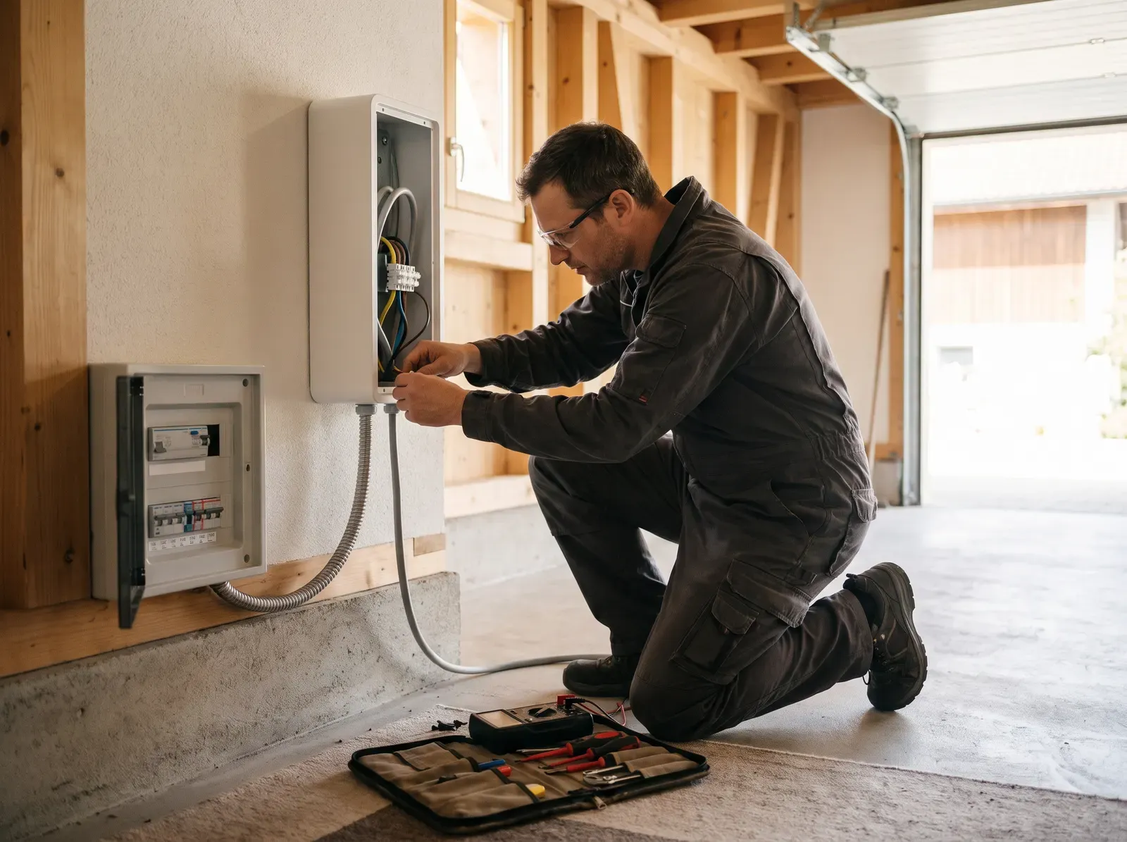 Ein Elektriker schliesst in einer Garage eine weisse Wallbox an, daneben ein kleiner Verteilkasten mit Fehlerstromschutzschalter