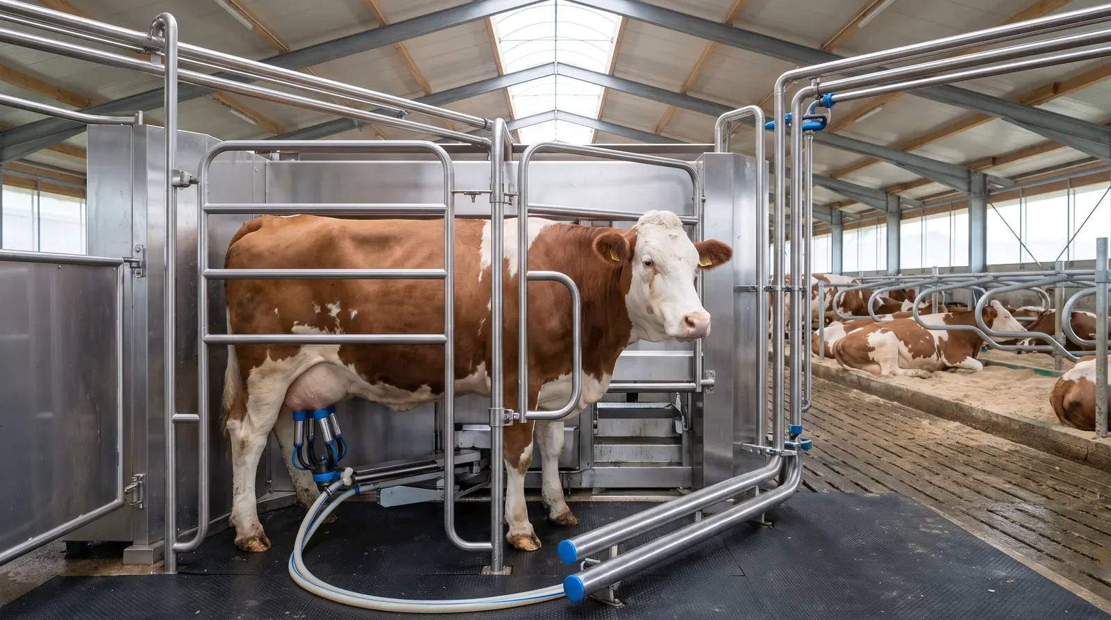 Simmentaler Kuh in einer Melkroboter-Box aus Chromstahl, die Melkbecher sind angesetzt, im Hintergrund liegen Kühe in den Liegeboxen