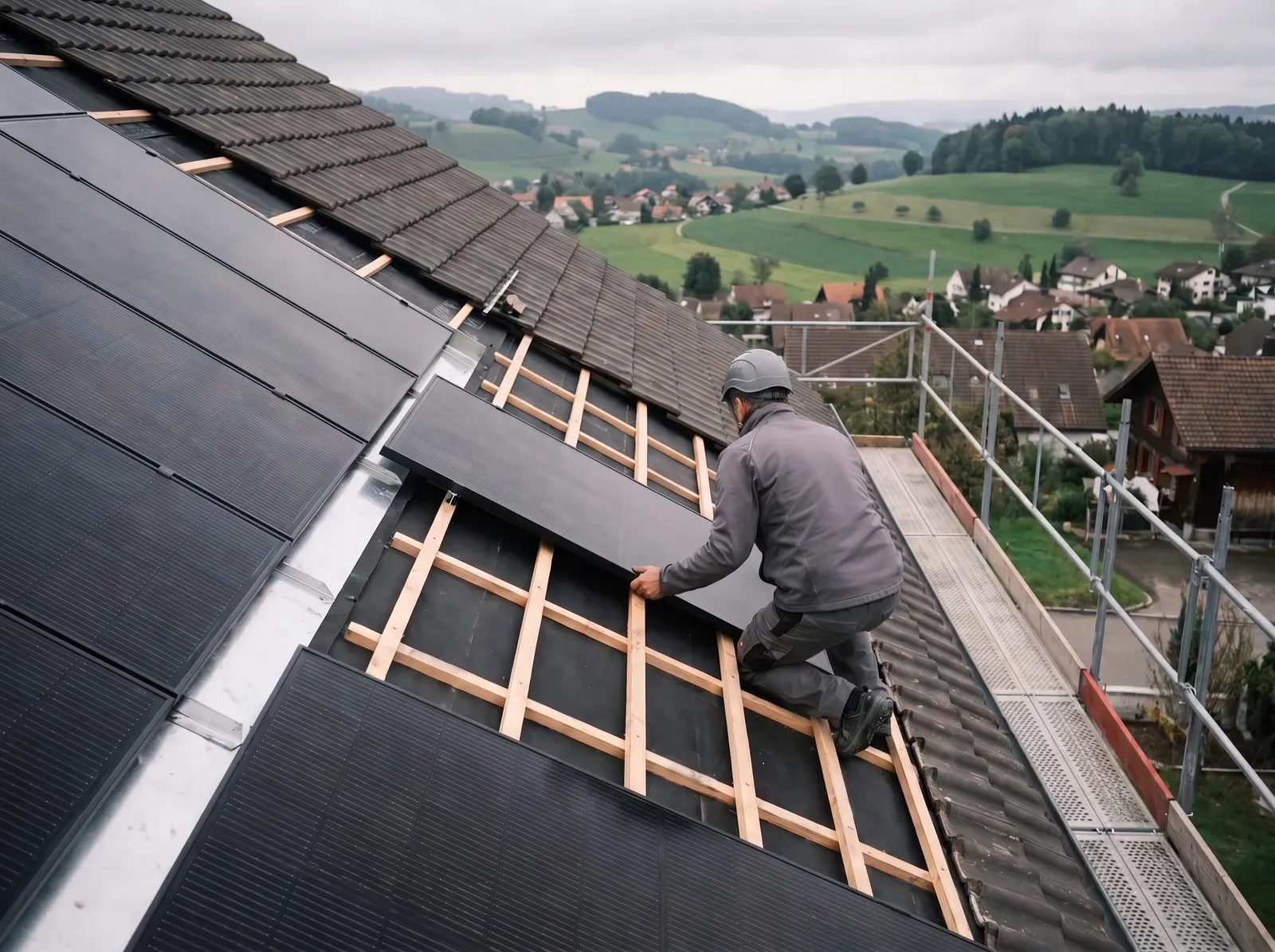 Ein Dachdecker legt ein schwarzes rahmenloses Solarmodul auf die Dachlatten, daneben das dunkle Unterdach und die Konterlattung, rechts das Gerüst mit Geländer