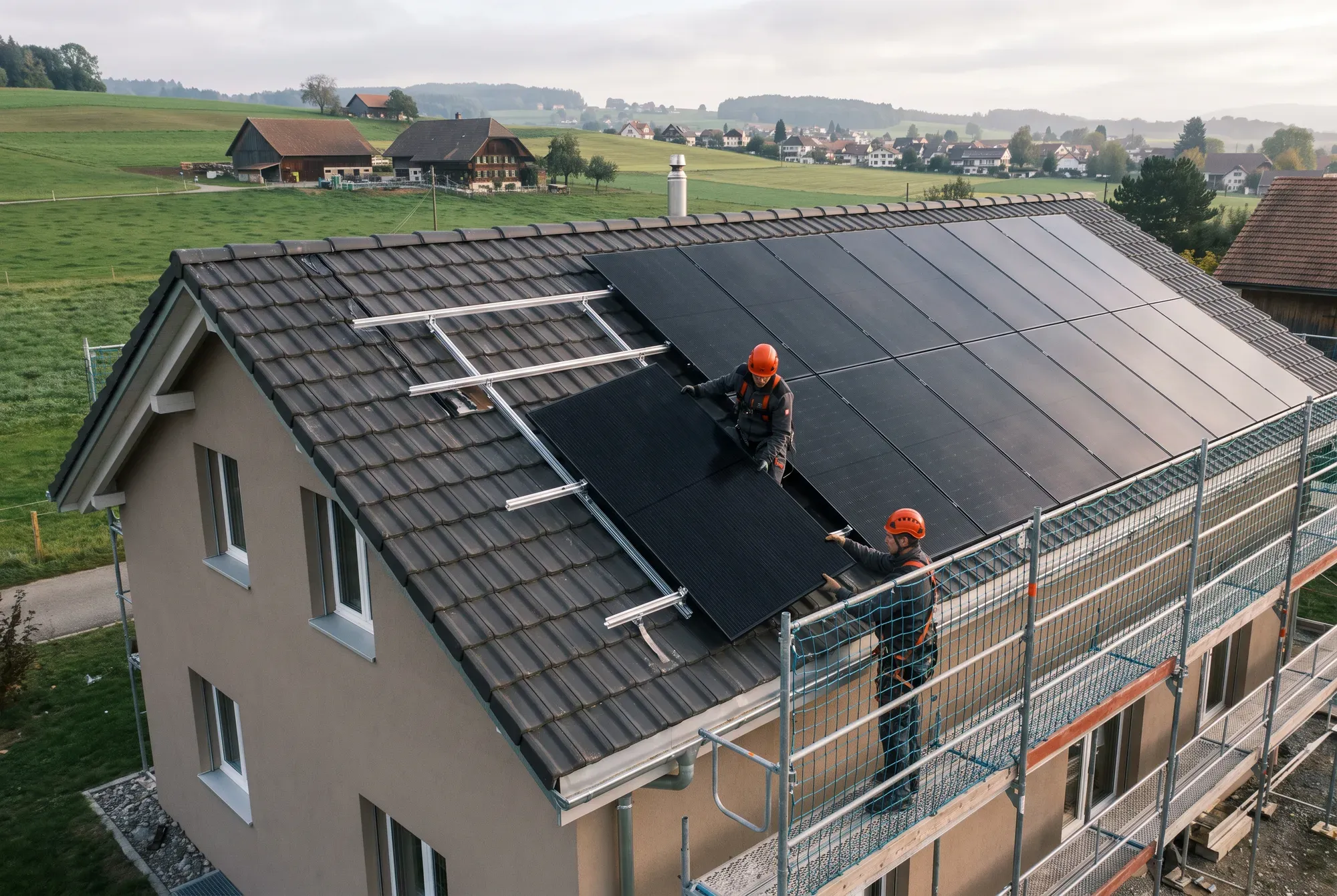 Zwei Solarteure legen auf einem Ziegeldach mit Gerüst schwarze Solarmodule auf die Schienen