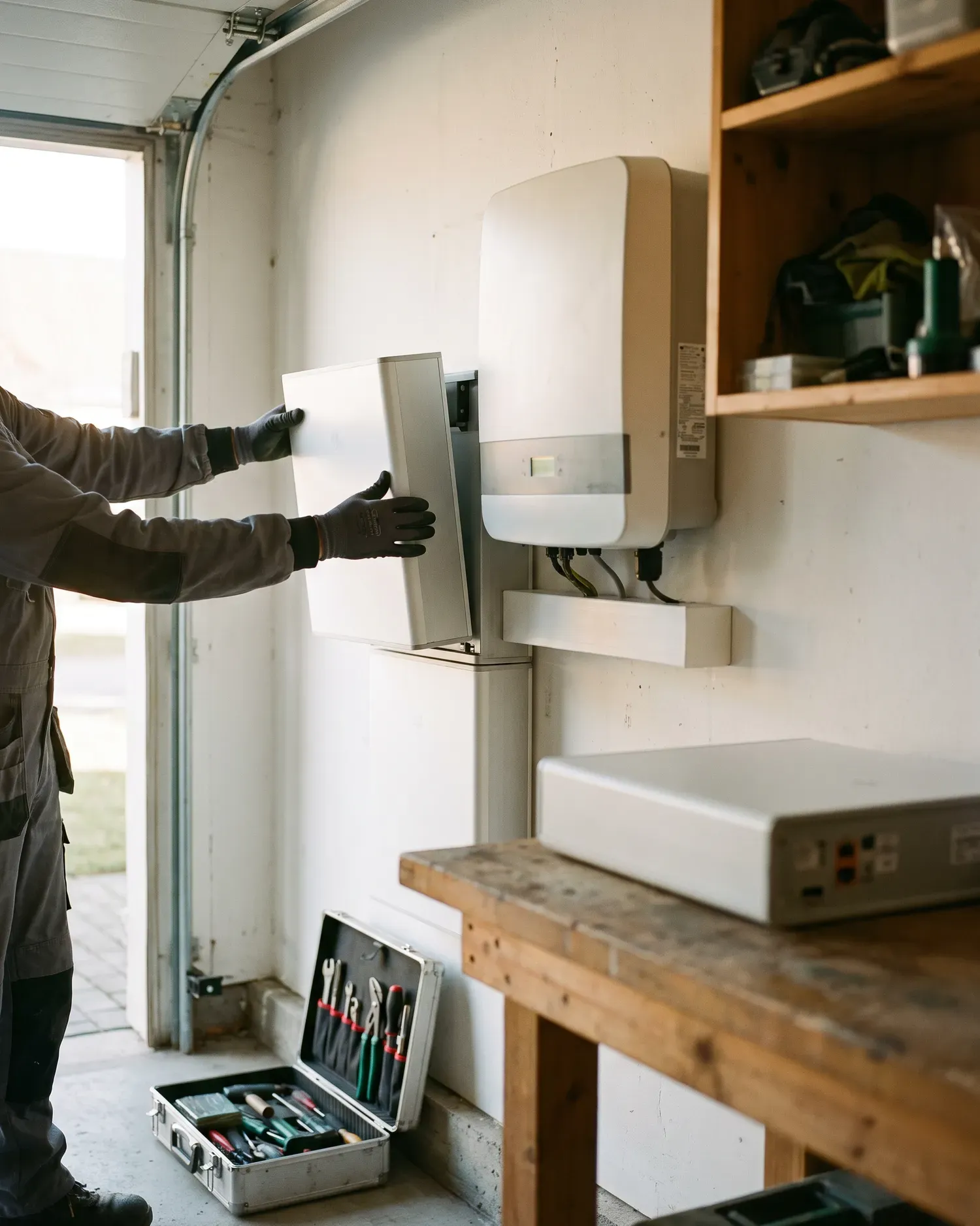 Elektriker setzt in einer Garage ein Batteriemodul auf einen Speicher neben dem bestehenden Wechselrichter