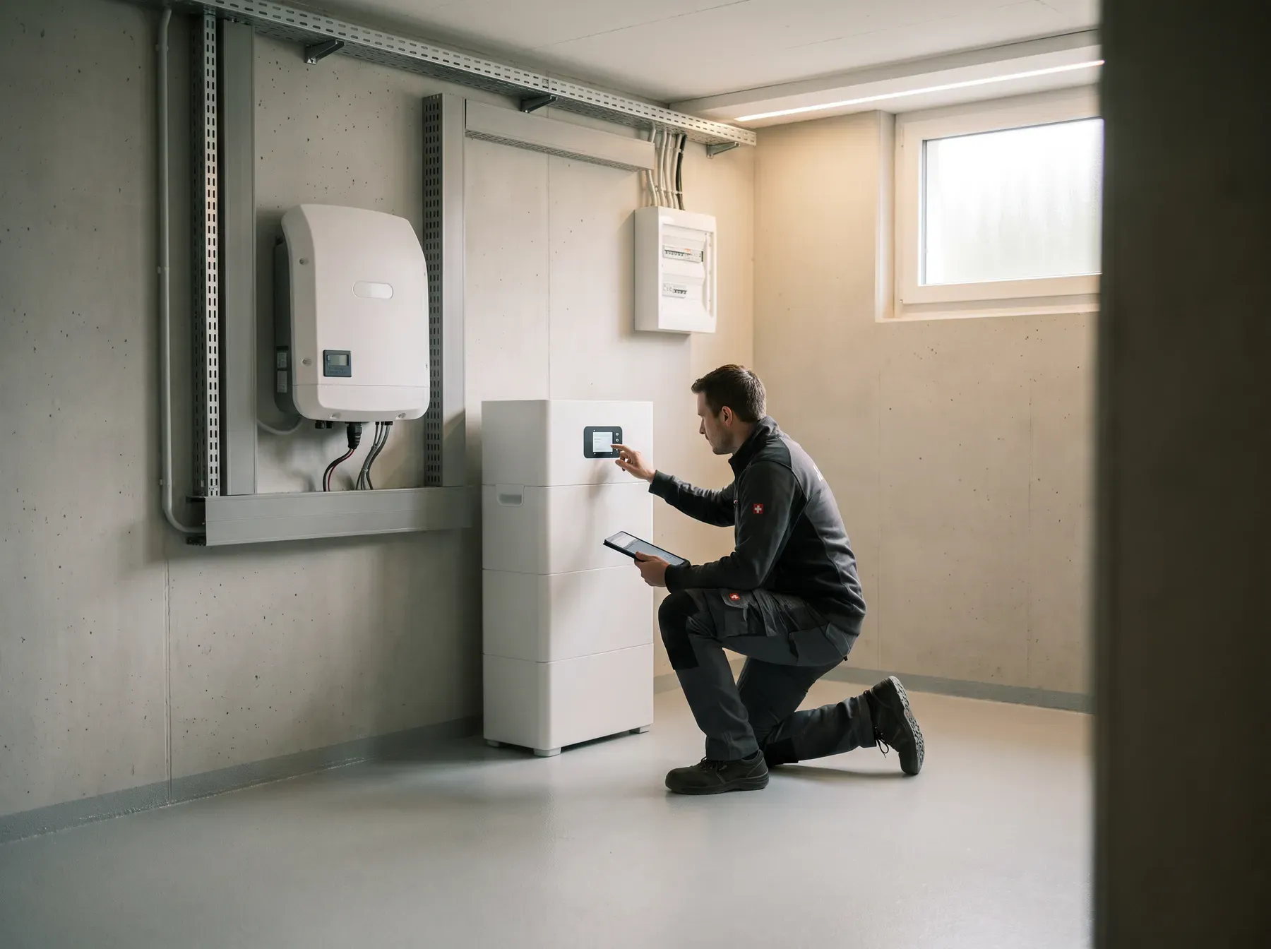 Elektriker prüft einen Batteriespeicher neben dem Wechselrichter im Technikraum eines Einfamilienhauses