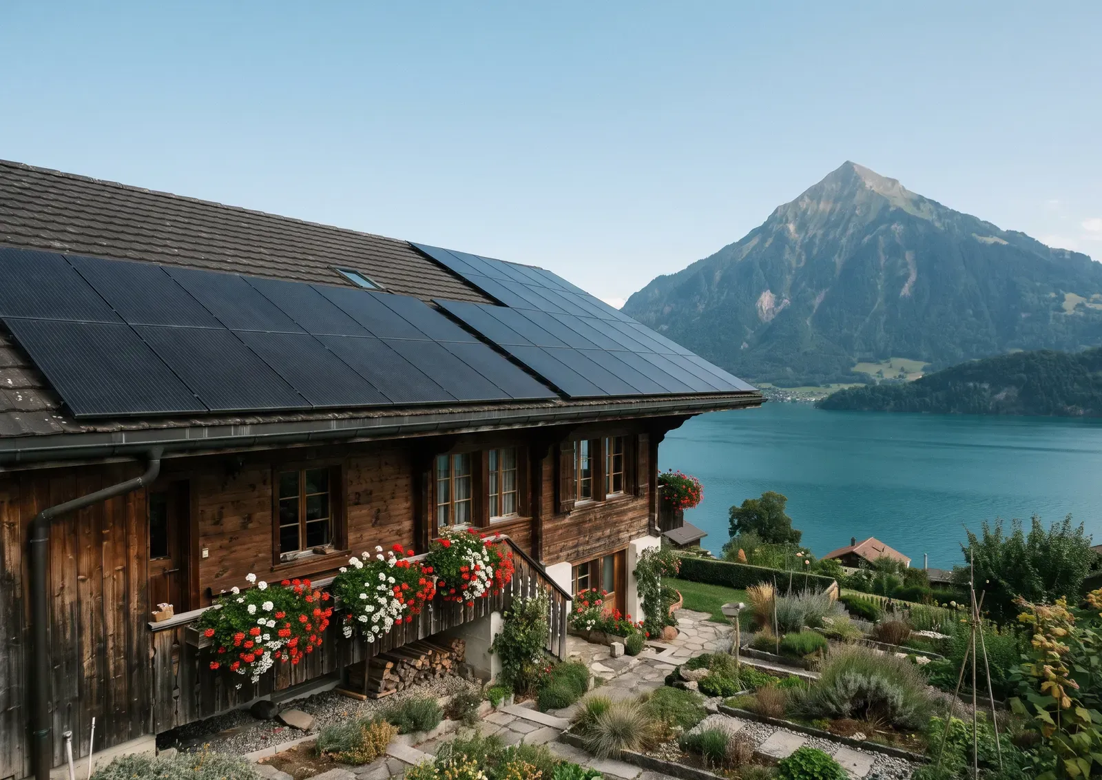 Chalet aus dunklem Holz mit Geranien an der Laube, auf dem Dach schwarze Solarmodule, dahinter der Thunersee und der Niesen