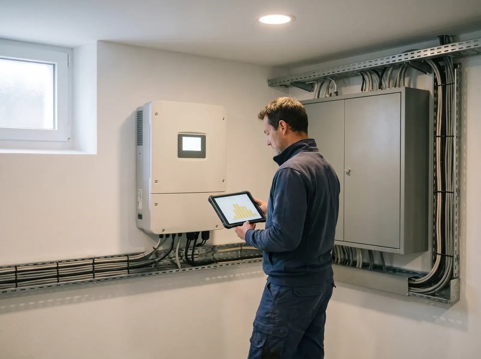 Ein Elektriker steht im Technikraum vor einem Wechselrichter an der Wand und prüft auf einem Tablet die Ertragsdaten