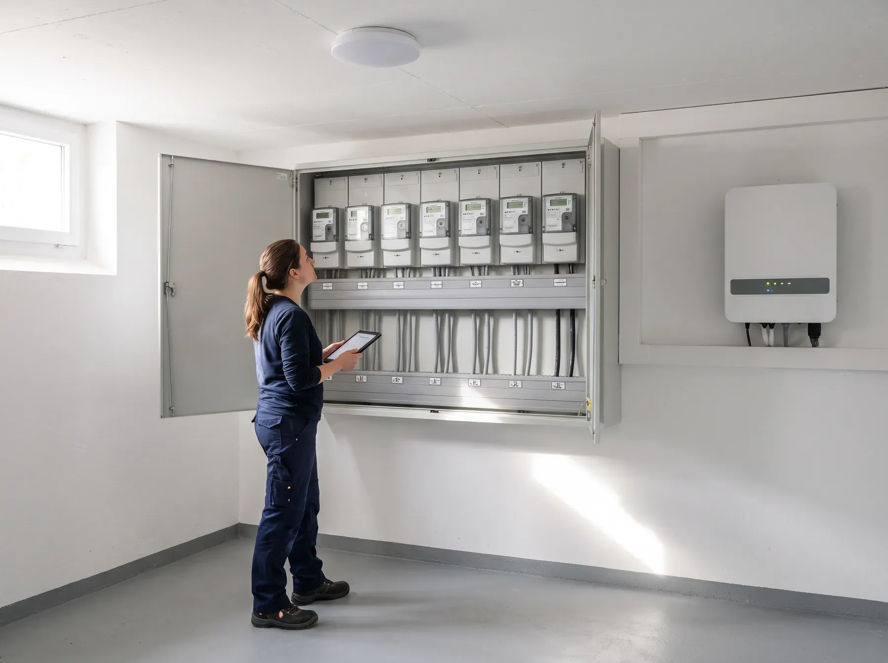 Elektrikerin prüft im Keller eines Mehrfamilienhauses eine Reihe digitaler Stromzähler, daneben ein Wechselrichter